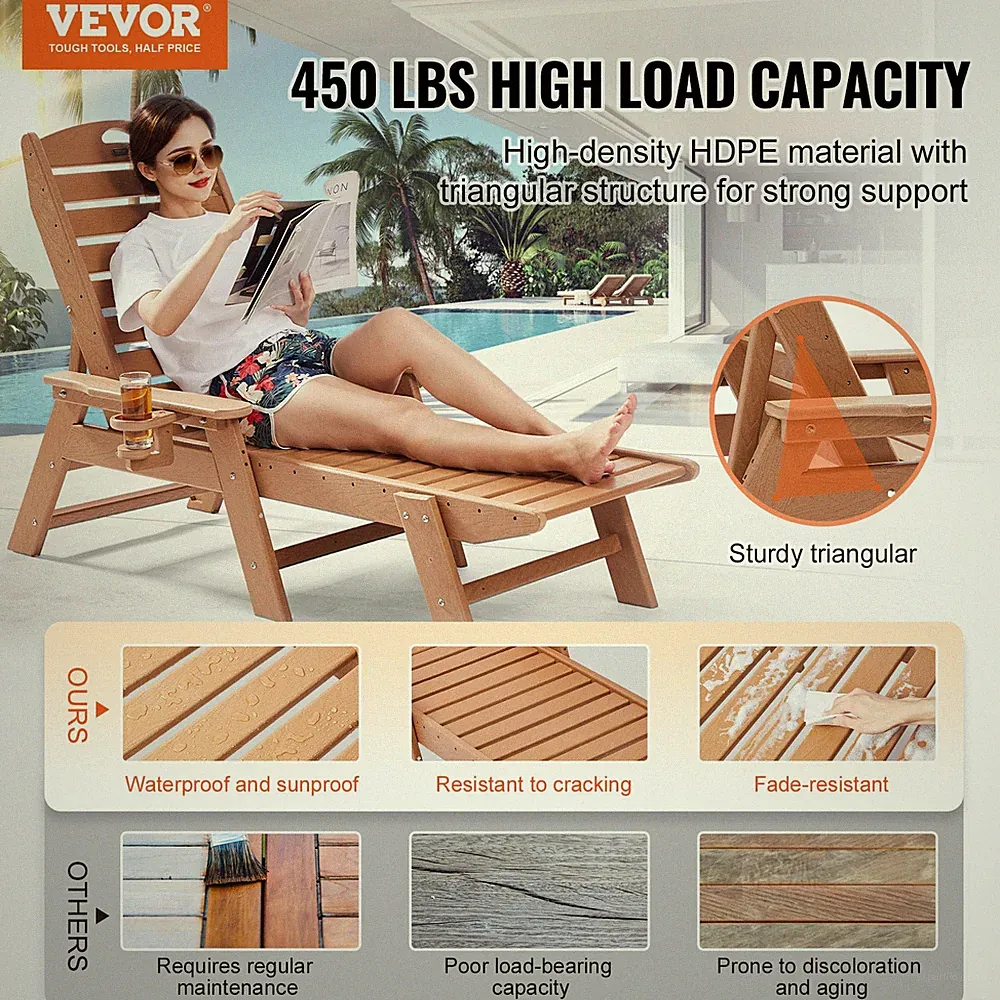 Outdoor Chaise Lounge Chair 6 Position Adjustable Reclining Bench Lounger Brown